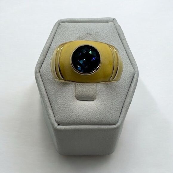 18K Yellow Gold Technibond Plated Ring Blue Topaz size 9 Yellow Enamel - Picture 1 of 9
